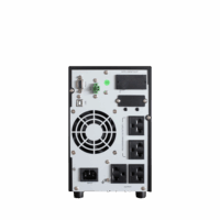 ด้านหลังของ CLEANLINE UPS PS-1000 / PS-1500 แสดงช่องเสียบปลั๊กไฟ พอร์ตสื่อสาร และพัดลมระบายความร้อน