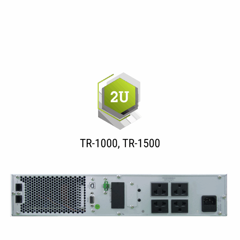 ด้านหลังเครื่องสำรองไฟฟ้า CLEANLINE TR-1000 และ TR-1500 True On-Line Rack-mount พร้อมช่องเชื่อมต่อ