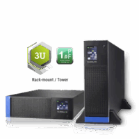 UPS Cleanline TR series สีดำ แสดงในสองรูปแบบ: Rack-mount (แนวนอน) พร้อมแถบสีน้ำเงินและจอ Digital display, และแบบ Tower (แนวตั้ง) บนฐานสีเข้ม. ด้านบนมีกราฟิกหกเหลี่ยมสีเขียวสองอัน, อันหนึ่งมีข้อความ 