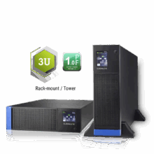 UPS Cleanline TR series สีดำ แสดงในสองรูปแบบ: Rack-mount (แนวนอน) พร้อมแถบสีน้ำเงินและจอ Digital display, และแบบ Tower (แนวตั้ง) บนฐานสีเข้ม. ด้านบนมีกราฟิกหกเหลี่ยมสีเขียวสองอัน, อันหนึ่งมีข้อความ 