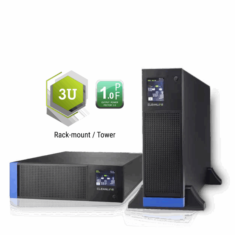 UPS Cleanline TR series สีดำ แสดงในสองรูปแบบ: Rack-mount (แนวนอน) พร้อมแถบสีน้ำเงินและจอ Digital display, และแบบ Tower (แนวตั้ง) บนฐานสีเข้ม. ด้านบนมีกราฟิกหกเหลี่ยมสีเขียวสองอัน, อันหนึ่งมีข้อความ "3U" แสดงขนาด Rack unit, อีกอันมี "1.0PF" แสดง Output power factor 1.0. มีข้อความ "Rack-mount / Tower" อยู่ด้านล่าง.