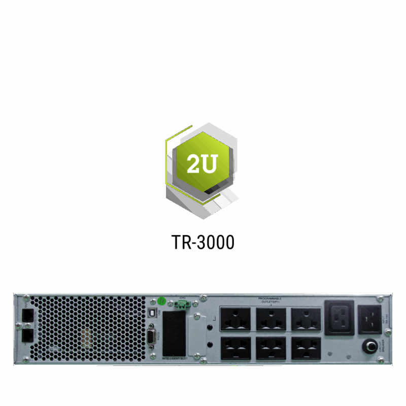 ด้านหลังเครื่องสำรองไฟฟ้า CLEANLINE TR-3000 True On-Line Rack-mount พร้อมช่องเชื่อมต่อครบครัน