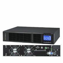 ด้านหลังของเครื่องสำรองไฟฟ้า Cleanline TR-6000 และ TR-10K UPS แบบ Rack-mount 2U, แสดงพอร์ตเชื่อมต่อและช่องระบายอากาศ