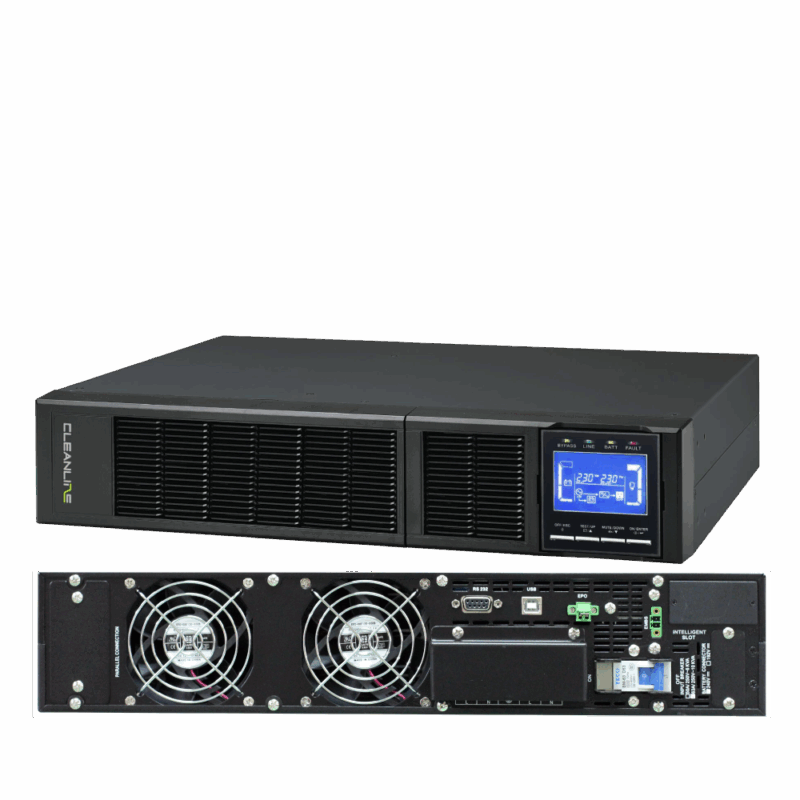 ด้านหลังของเครื่องสำรองไฟฟ้า Cleanline TR-6000 และ TR-10K UPS แบบ Rack-mount 2U, แสดงพอร์ตเชื่อมต่อและช่องระบายอากาศ
