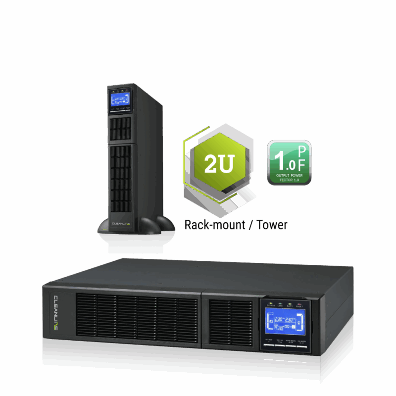 เครื่องสำรองไฟฟ้า Cleanline TR-6000 และ TR-10K UPS แบบ Rack-mount 2U, True On-Line Double Conversion, แสดงด้านหน้าพร้อมหน้าจอ LCD