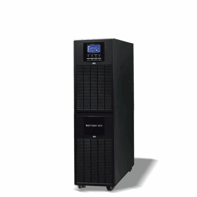 เครื่องสำรองไฟ (UPS) แบบตั้งพื้นสีดำ มีหน้าจอแสดงผลและช่องใส่แบตเตอรี่