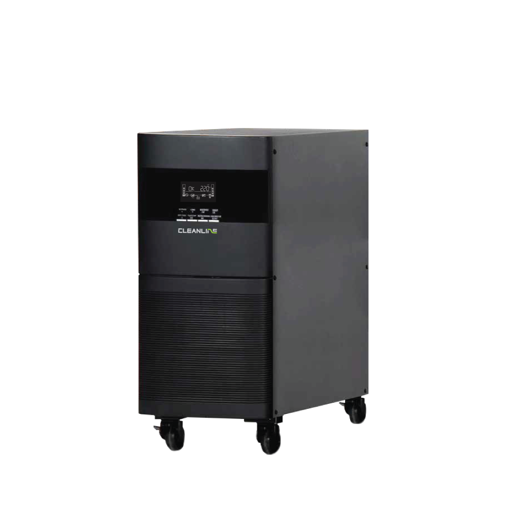 Cleanline T-Series PF1.0 True On-Line UPS Tower รุ่น T-6000 และ T-10K ด้านหน้า พร้อมหน้าจอ LCD แสดงสถานะ