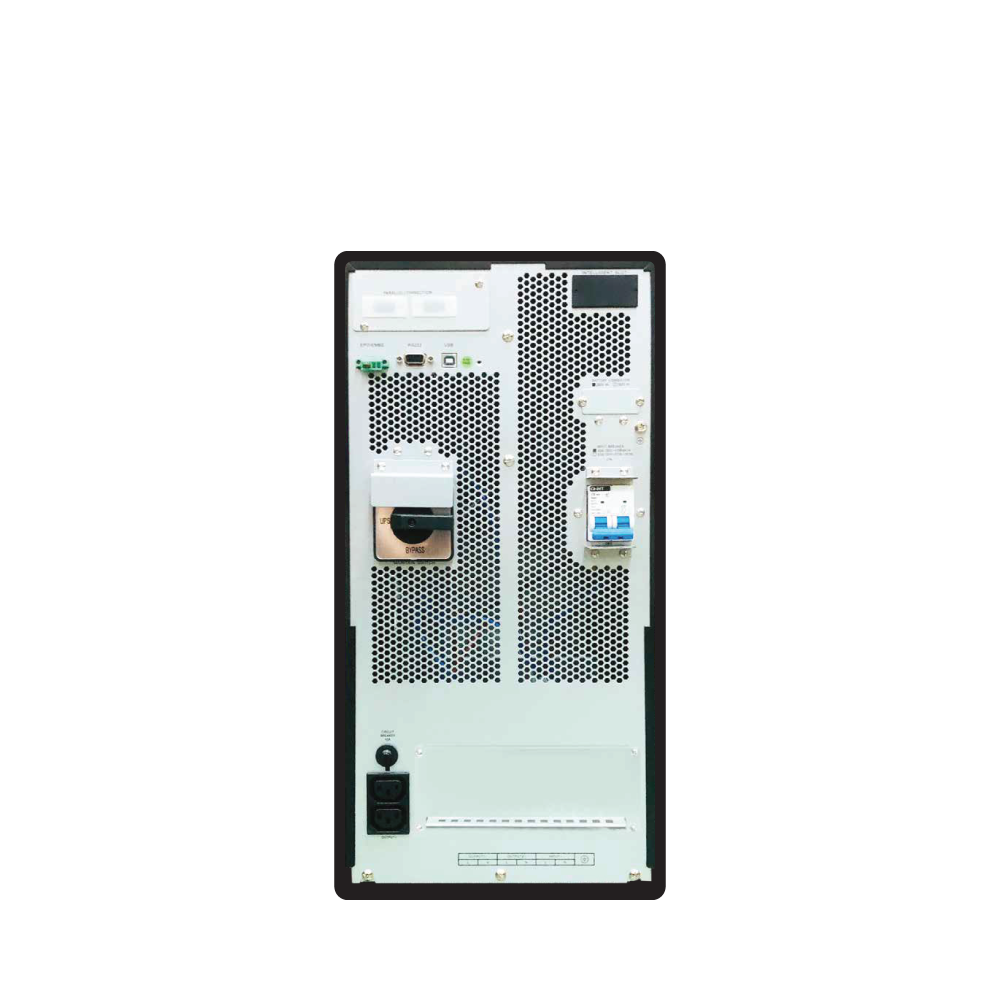 Cleanline T-Series PF1.0 True On-Line UPS Tower รุ่น T-6000 และ T-10K ด้านหลัง พร้อมพอร์ต USB RS-232 และ Maintenance Bypass Switch