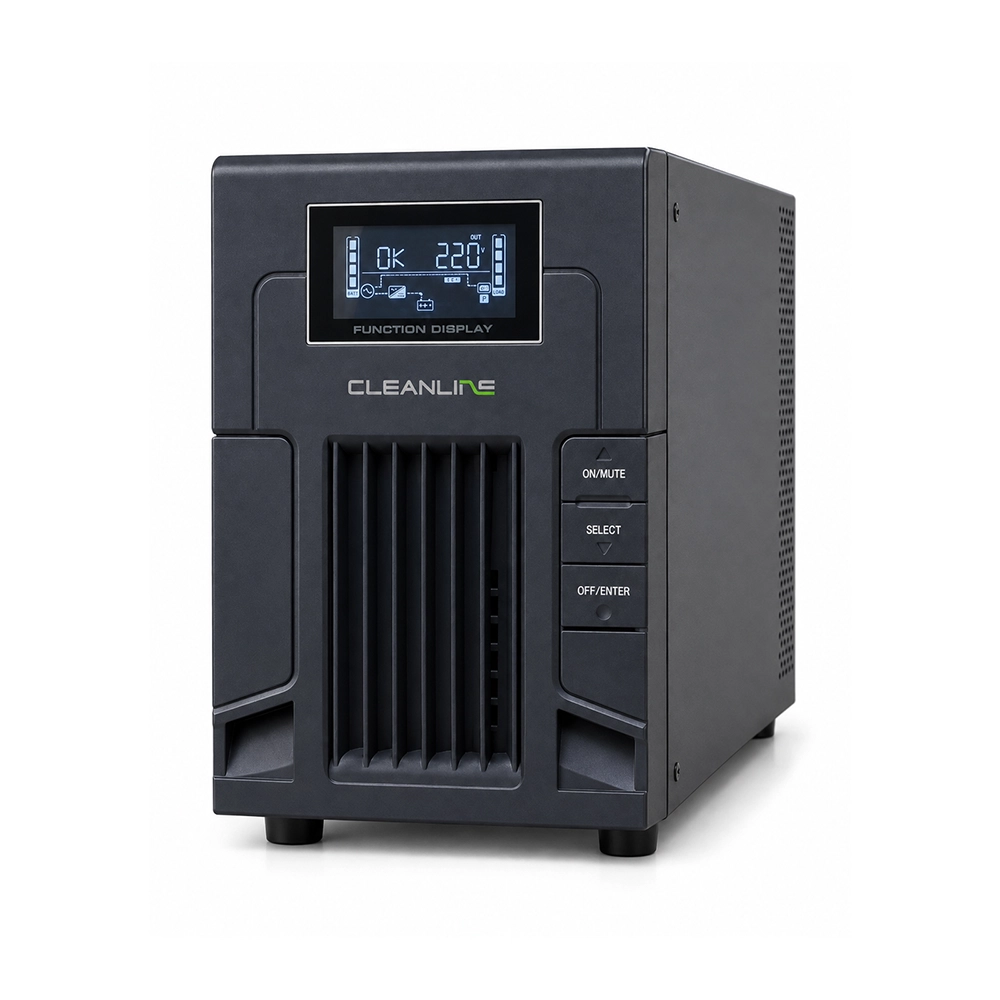 CLEANLINE UPS PS-1000 และ PS-1500 มุมด้านหน้า พร้อมหน้าจอ LCD และปุ่มควบคุม