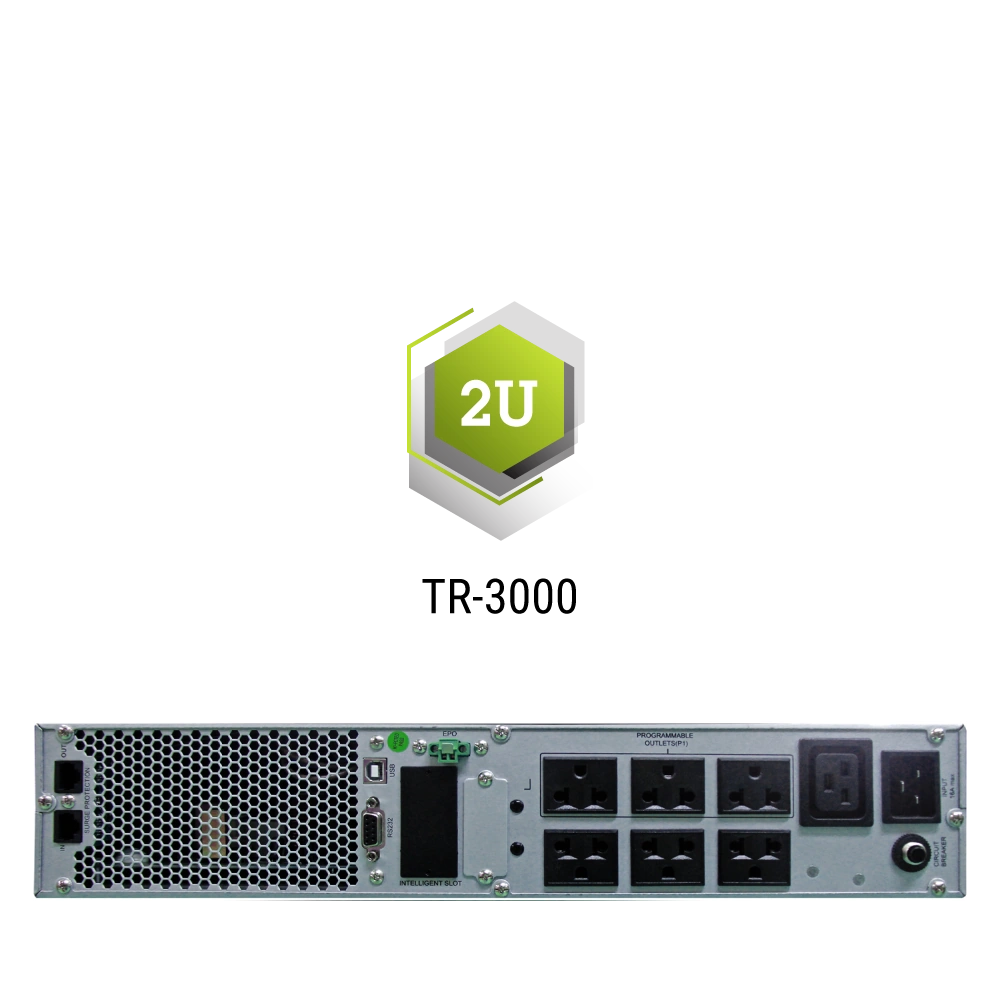 ด้านหลังเครื่องสำรองไฟฟ้า CLEANLINE TR-3000 True On-Line Rack-mount พร้อมช่องเชื่อมต่อครบครัน