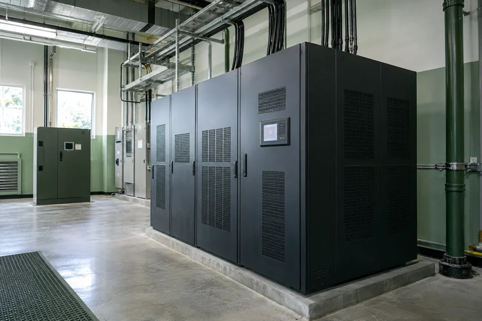 ภาพประกอบตู้ UPS ขนาดใหญ่ในห้องระบบไฟฟ้าอุตสาหกรรม